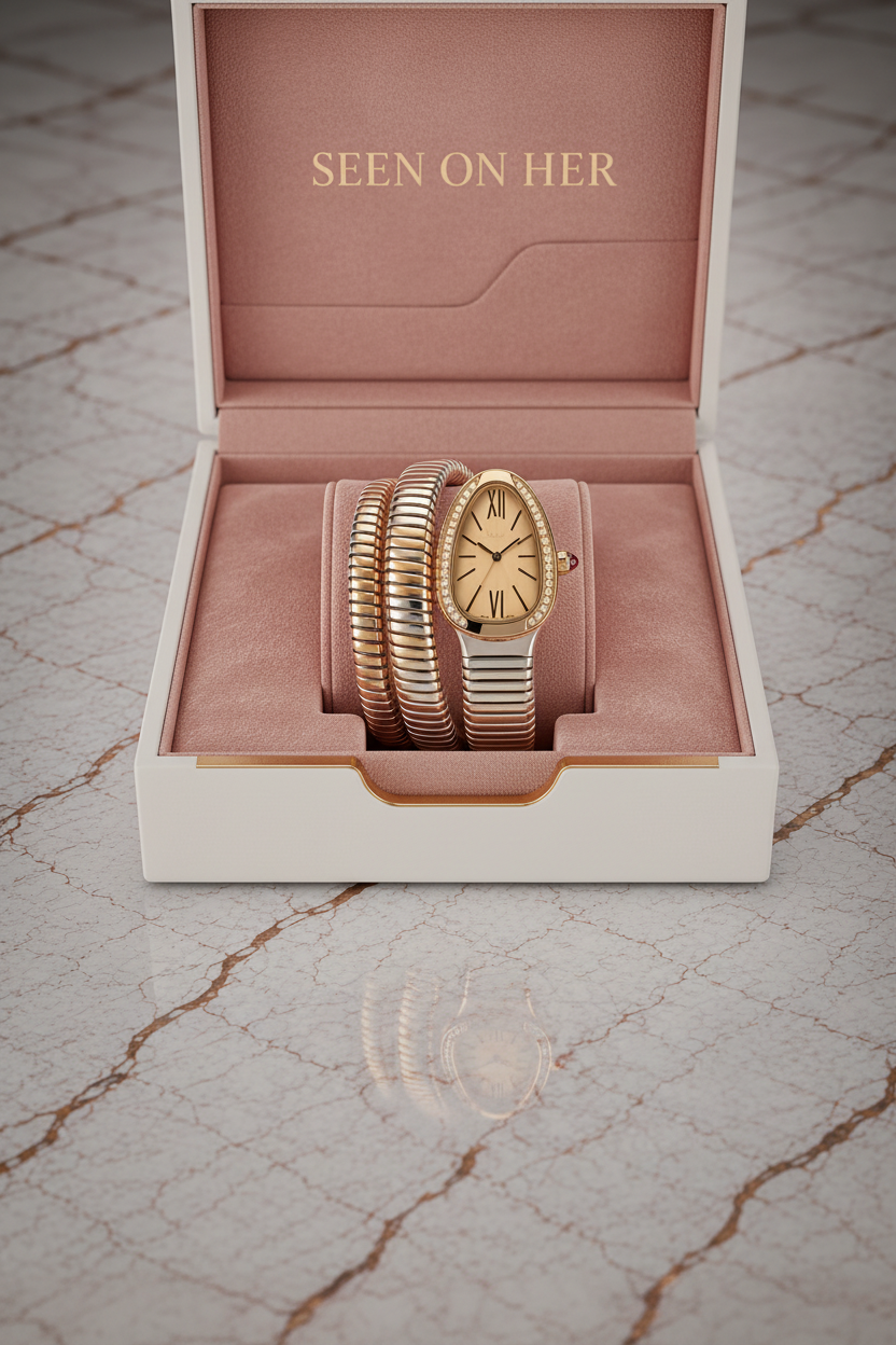 Gold watch in a white box with 'SEEN ON HER' text on a light marble background